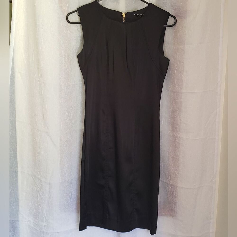 Marc New York Andrew Marc Black Sheath Dress S Small* Gold Zipper Tailored LBD
